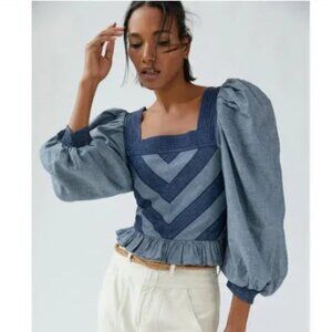 NWT Anthropologie love the label Denim Smocked Puff Sleeve Top Size XXSP
